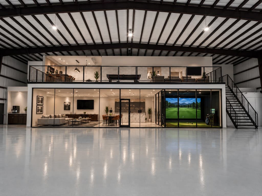 Tampa Aero Club private clubhouse inside the hangar with lounge, golf simulator, and mezzanine